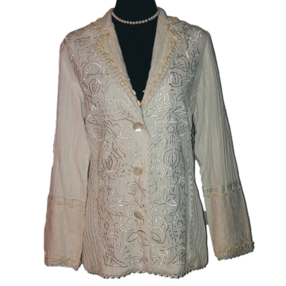 NWT SANDY STARKMAN 100% Cotton/Beaded Ivory Embellished Coat Blazer Jacket Sz SM - Picture 1 of 8